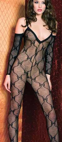 Bodystockings: Music Legs Bow Lace Bodystocking With Sleeve (size 71Kb)