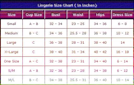 Size Chart for Sensual Mystique Strapless Corset with matching G-String