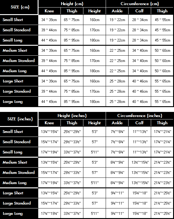 Size Chart for Albert Andre Therapeutic Knee Highs